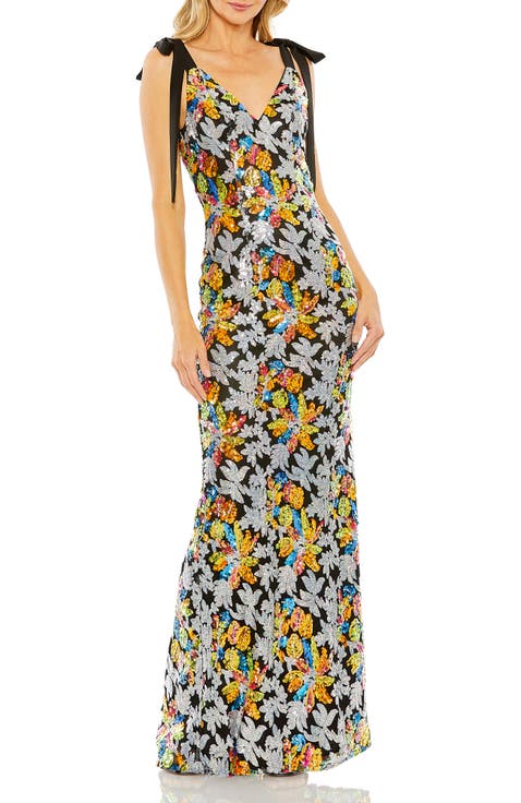 Embellished Bow Strap V Neck Column Gown