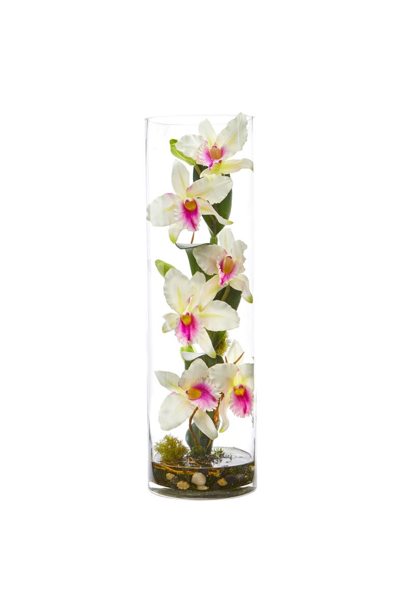 NEARLY NATURAL Cattleya Orchid Artificial Arrangement in Cylinder Vase, Main, color, White