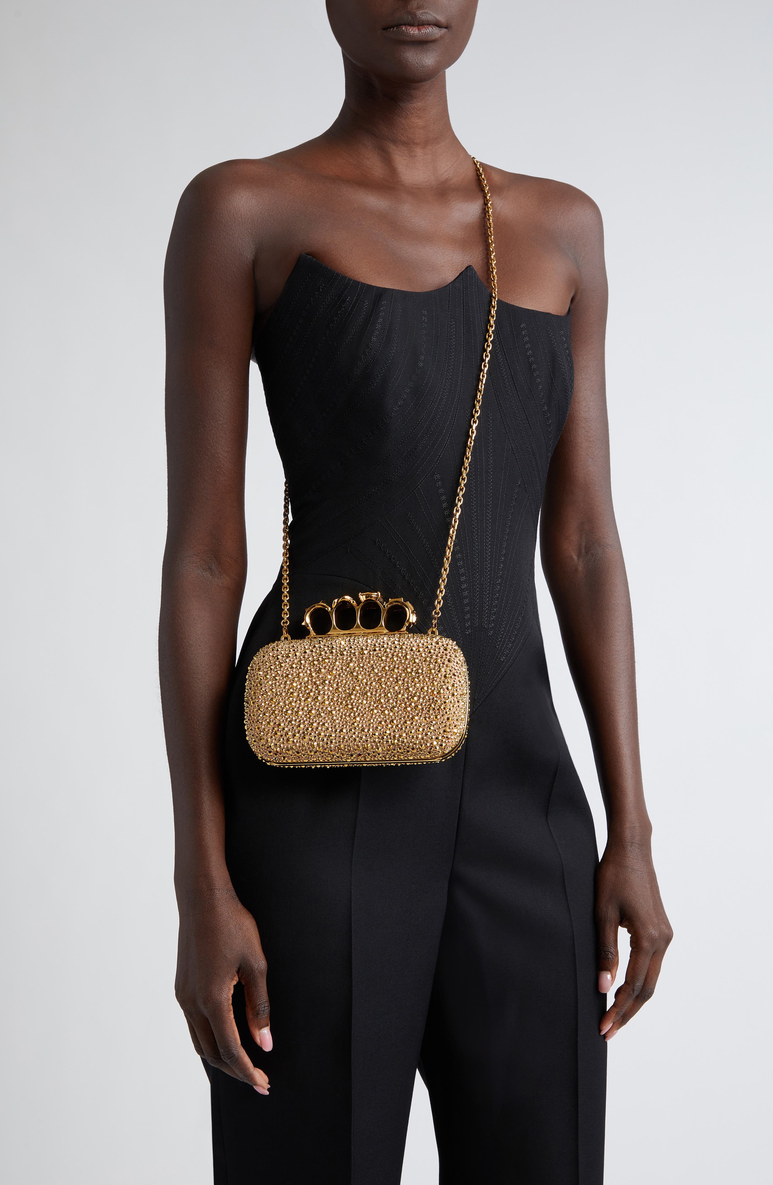 McQueen Skull Crystal Embellished Knuckle Clutch, Alternate, color, 