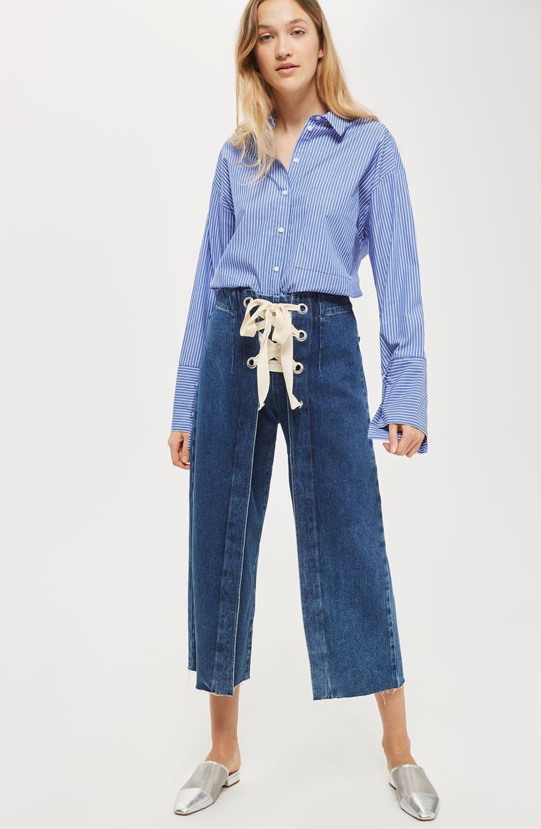 Topshop Lace-Up Crop Jeans, Alternate, color, 