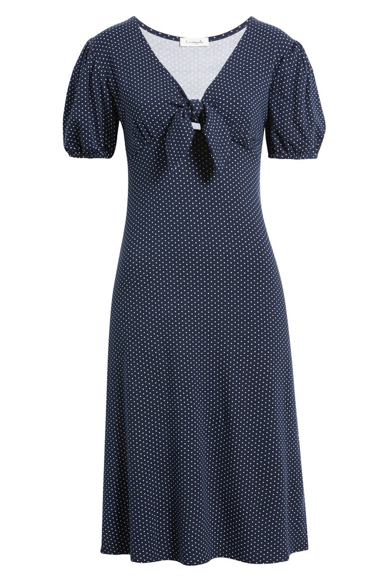 Polka Dot Puff Sleeve Midi Dress, Alternate, color, NAVY/ WHITE