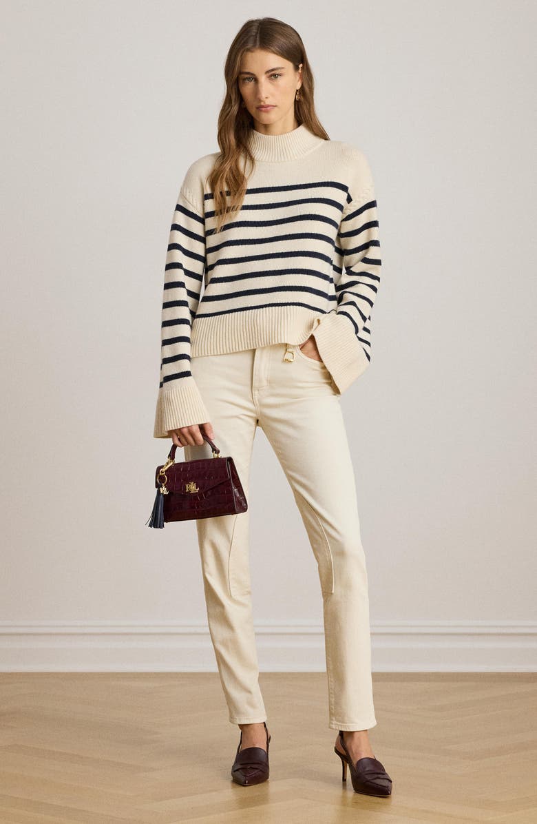 Lauren Ralph Lauren Sharad Stripe Wool & Cotton Blend Sweater, Alternate, color, Mascarpone Cream/ Lauren Navy