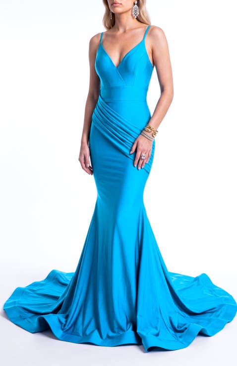 Ruched Plunge Neck Mermaid Evening Gown