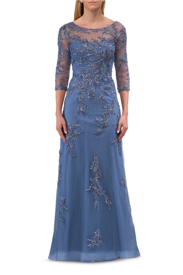 Beaded Lace Applique Dress with Tulle Skirt and Illusion Sleeves, Main, color, Blue