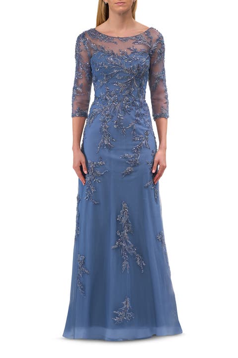 Beaded Lace Applique Dress with Tulle Skirt and Illusion Sleeves