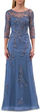 La Femme Beaded Lace Applique Dress with Tulle Skirt and Illusion Sleeves