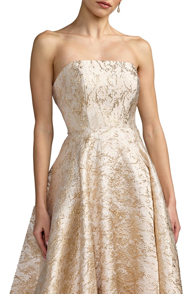 Strapless Metallic Brocade Ball Gown, Alternate, color, Champagne Gold