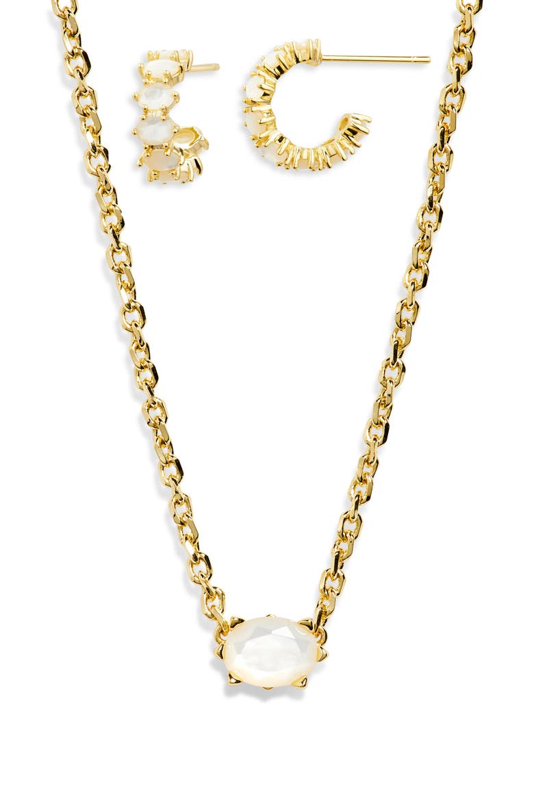 Cailin Cubic Zirconia Huggie Hoop Earrings & Pendant Necklace Gift Set, Alternate, color, GOLD IVORY MOTHER OF PEARL