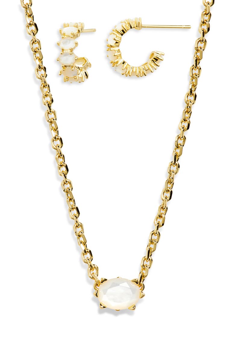 Kendra Scott Cailin Cubic Zirconia Huggie Hoop Earrings & Pendant Necklace Gift Set, Alternate, color, Gold Ivory Mother Of Pearl
