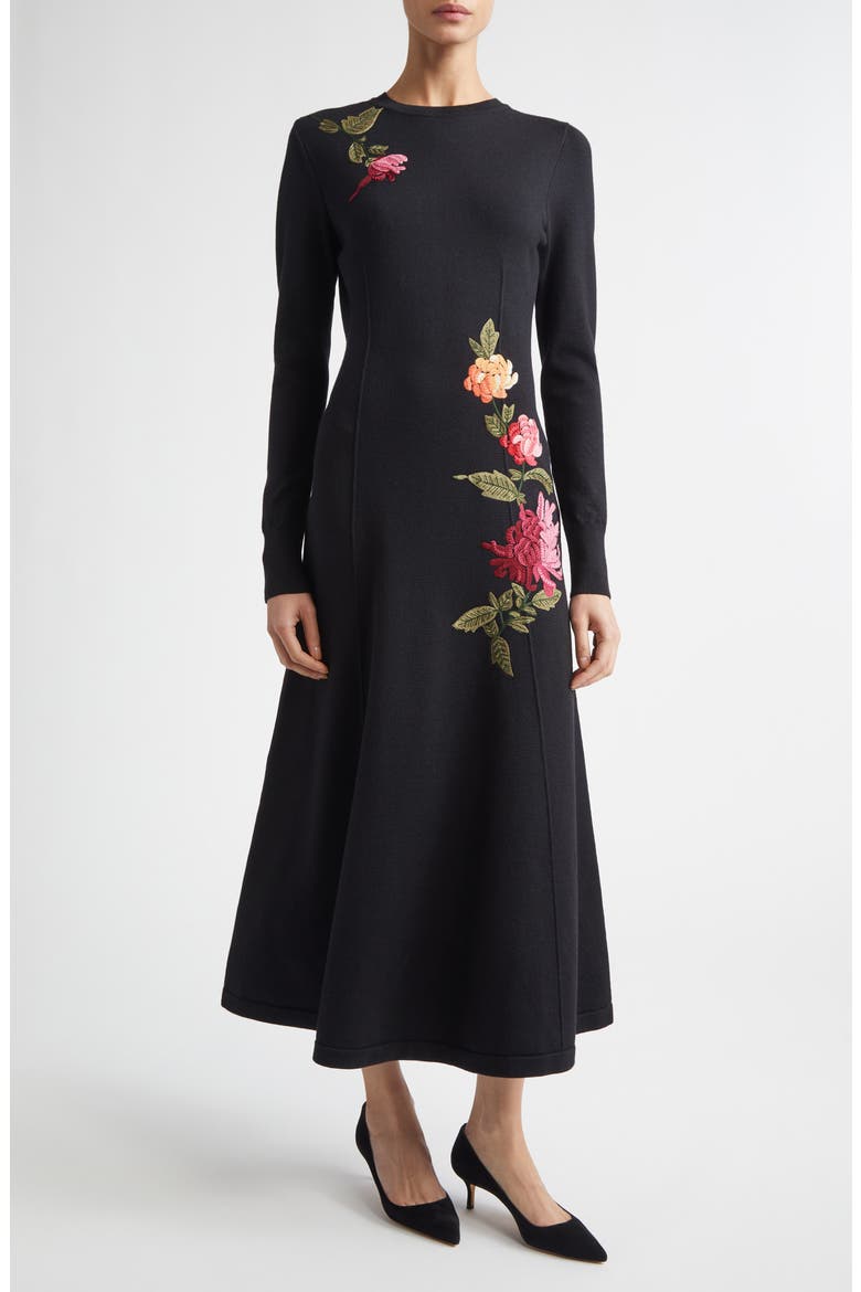 Chrysanthemum Embroidered Long Sleeve Jersey Midi Dress, Main, color, BLACK MULTI
