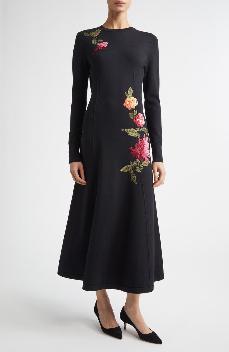 Carolina Herrera Chrysanthemum Embroidered Long Sleeve Jersey Midi Dress, Main, color, Black Multi