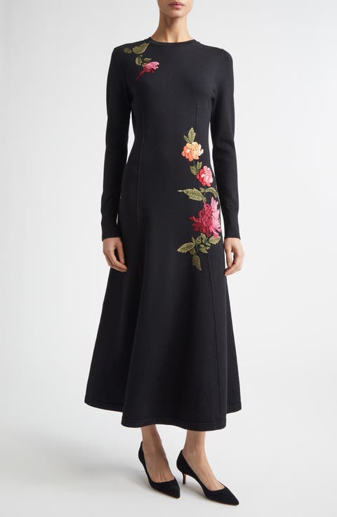 Chrysanthemum Embroidered Long Sleeve Jersey Midi Dress