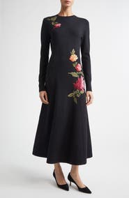 Carolina Herrera Chrysanthemum Embroidered Long Sleeve Jersey Midi Dress