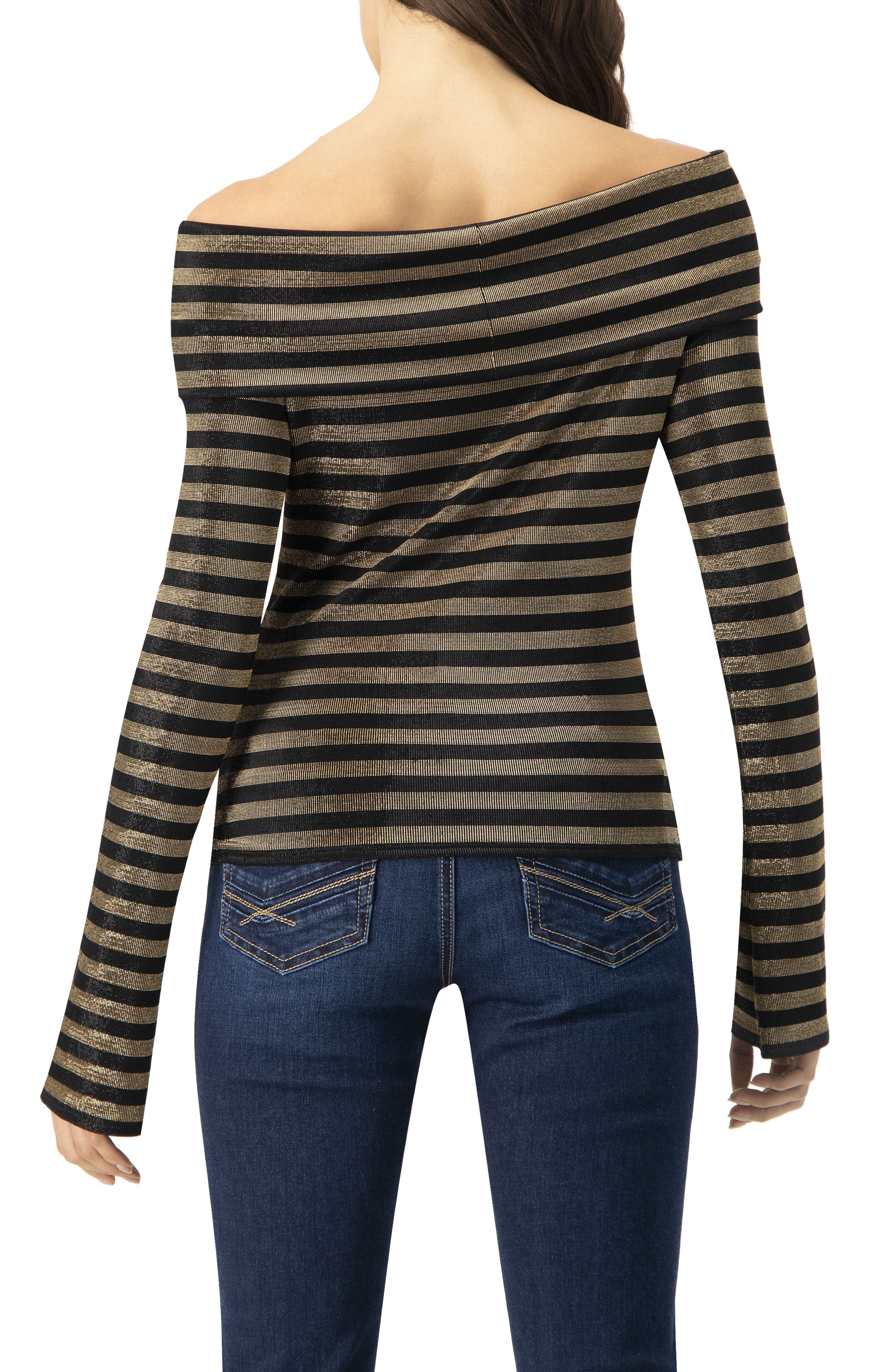 Bardot Neckline Striped Long Sleeve Blouse - image 2