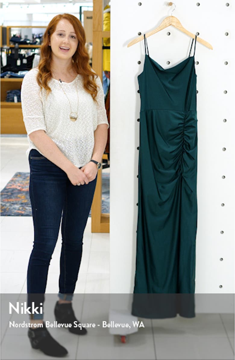 Ruched Side Slit Stretch Satin Maxi Dress, sales video thumbnail