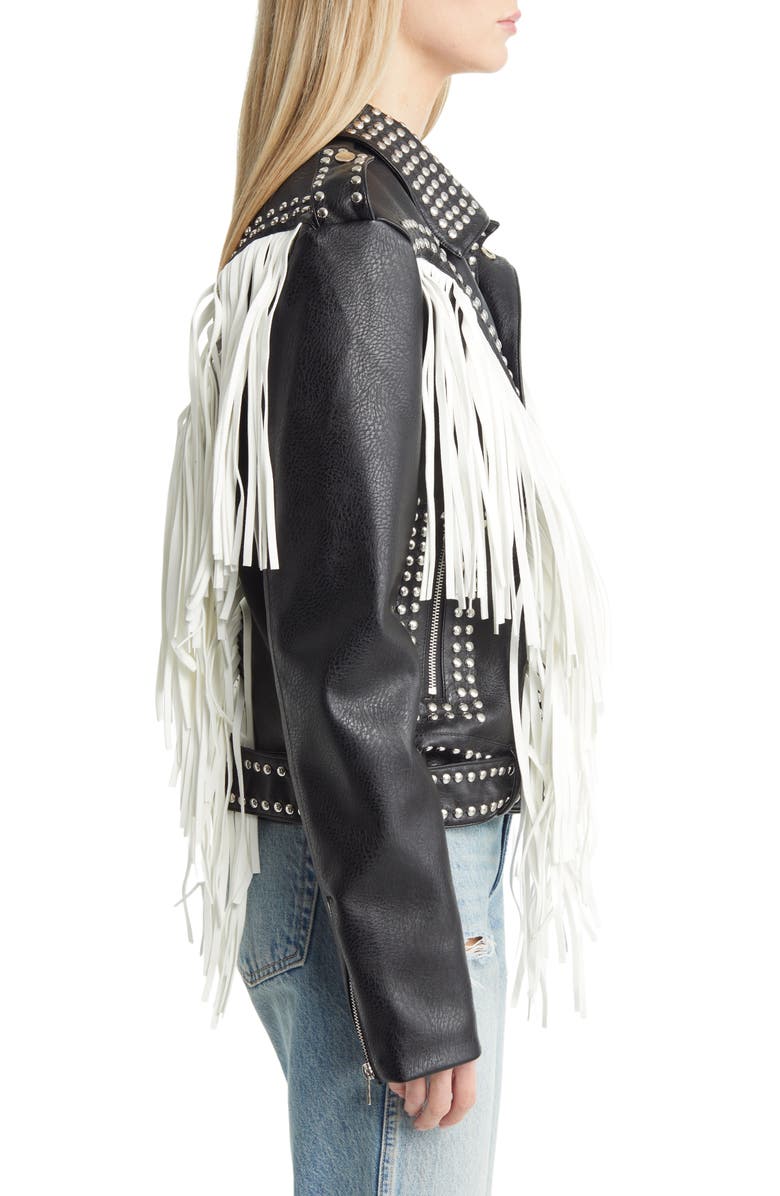 AZALEA WANG Beaded Fringe Detail Faux Leather Moto Jacket, Alternate, color, 