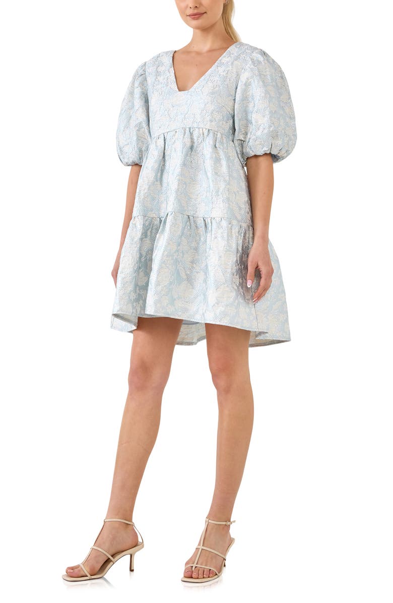 Endless Rose Floral Jacquard Puff Sleeve Dress, Alternate, color, Blue