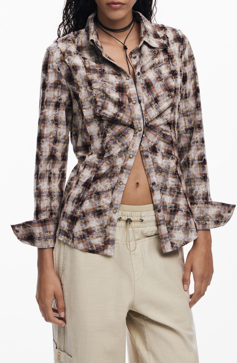 Desigual Long Sleeve Button-Up Shirt, Main, color, Brown