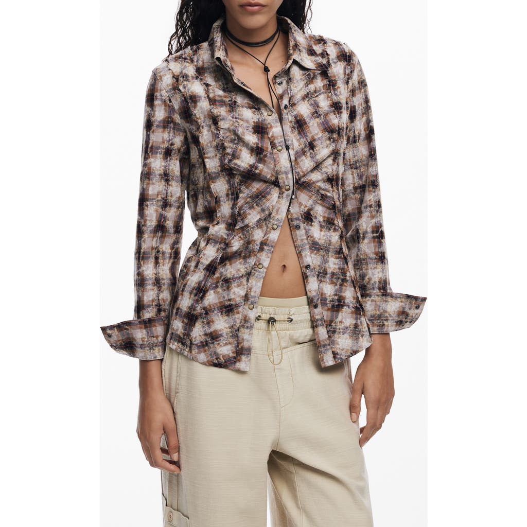Desigual Long Sleeve Button-up Shirt In Brown