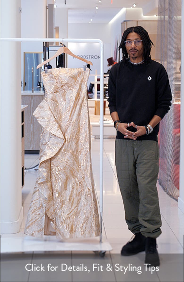 Metallic Ruffle Detail Strapless Gown, sales video thumbnail