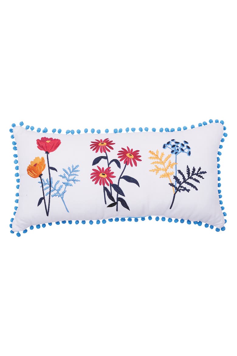 Lola Boho Embroidered Floral Cotton Decor Throw Pillow, 12" x 24" with Pom Pom Edges, Main, color, Blue