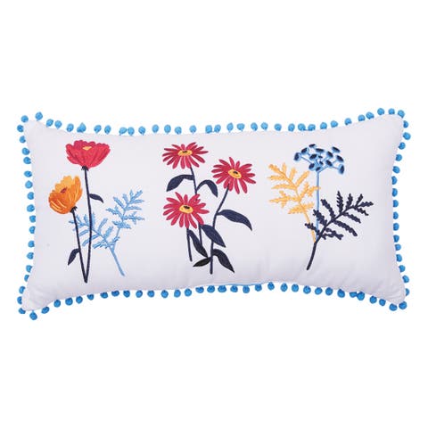 Lola Boho Embroidered Floral Cotton Decor Throw Pillow, 12" x 24" with Pom Pom Edges