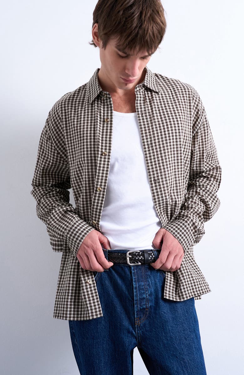 Topman Textured Gingham Check Long Sleeve Button-Up Shirt, Main, color, Brown