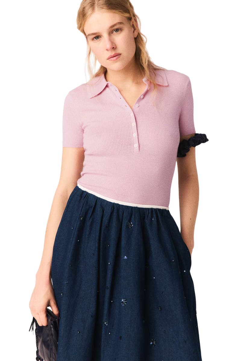 maje Embroidered denim midi skirt, Alternate, color, Navy