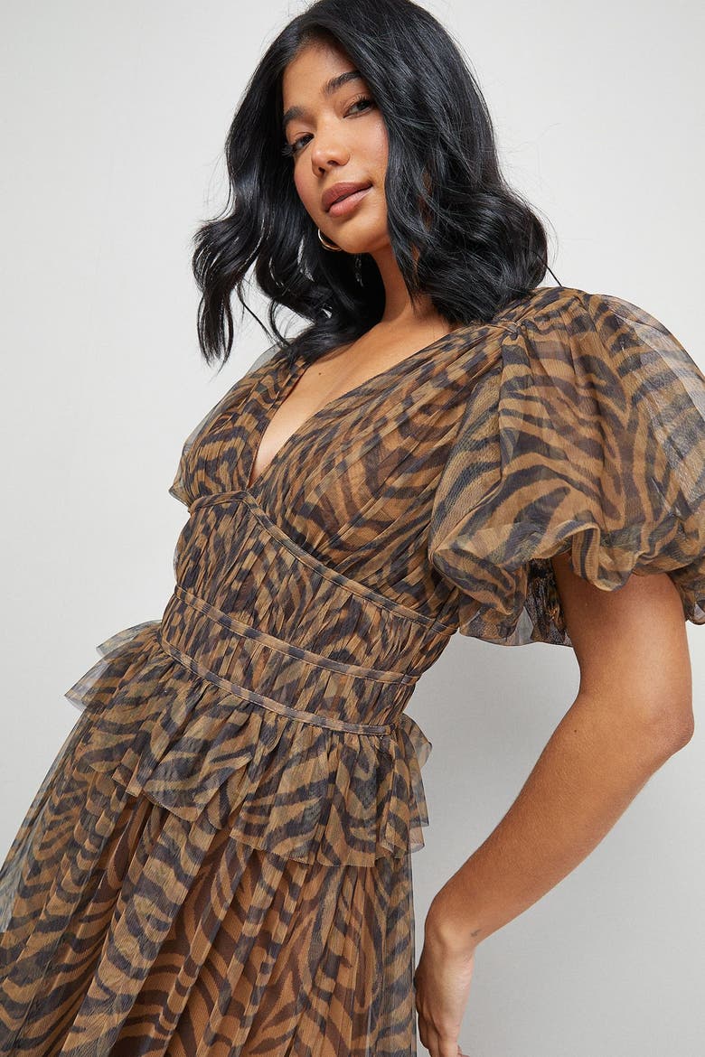 Zebra Print Tulle Ruffle Maxi Dress, Alternate, color, Animal