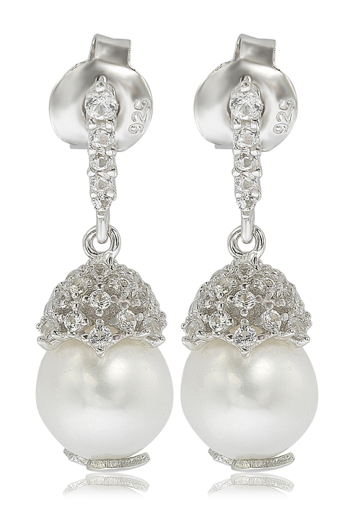 SUZY LEVIAN Sterling Silver 8mm Freshwater Pearl & Created Sapphire Dangle Earrings