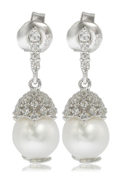 Sterling Silver 8mm Freshwater Pearl & Created Sapphire Dangle Earrings