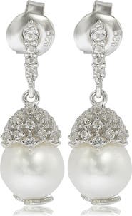 SUZY LEVIAN Sterling Silver 8mm Freshwater Pearl & Created Sapphire Dangle Earrings