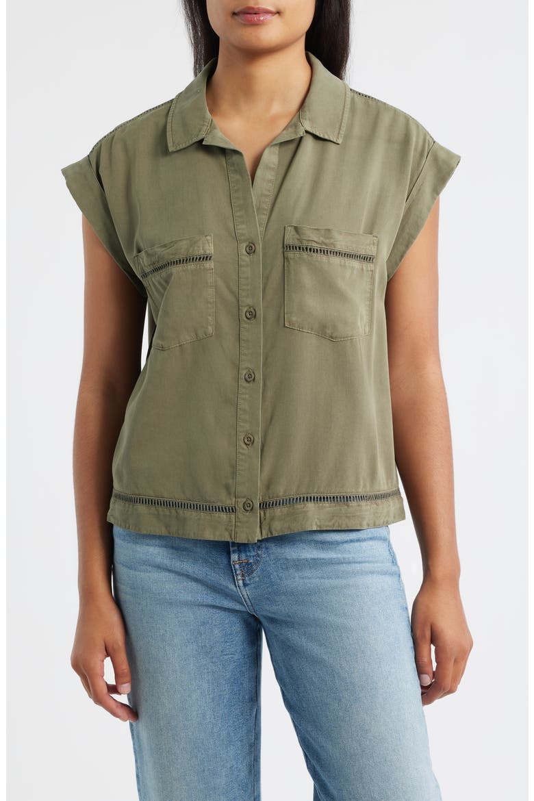 Openwork Detail Short Sleeve Button-Up Shirt, Main, color, LAKESIDE PINE