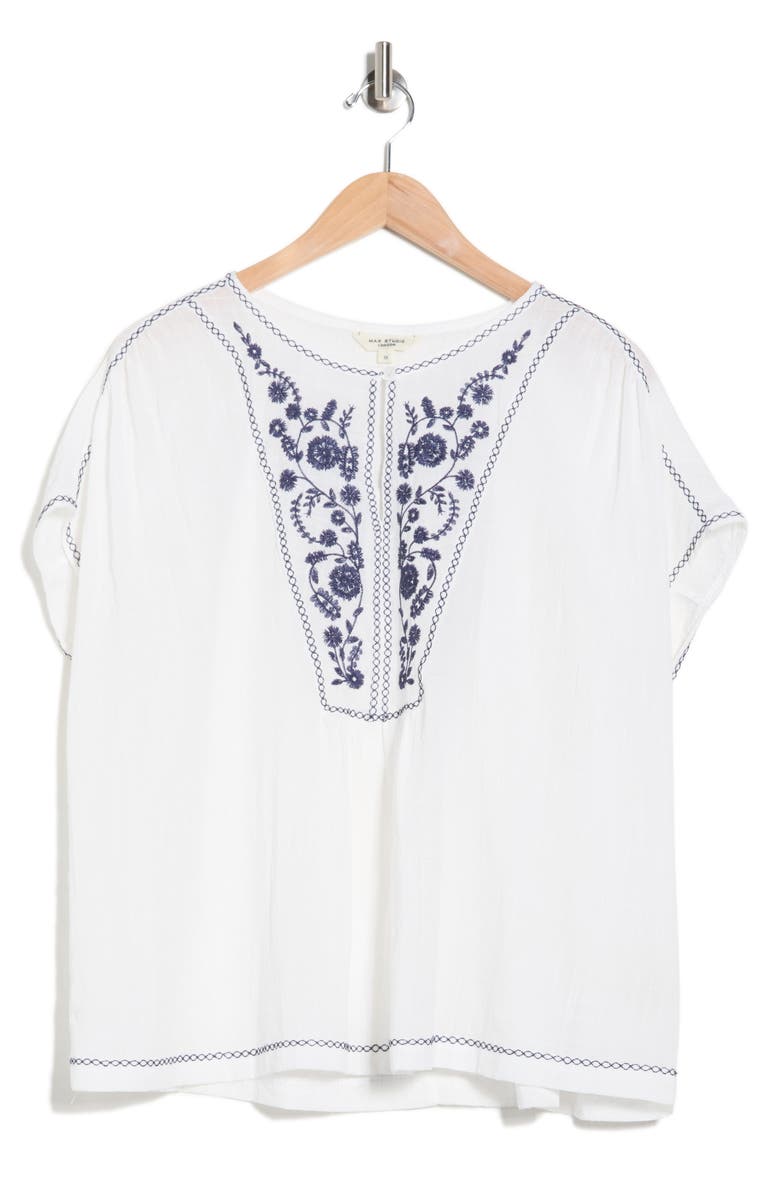 MAX STUDIO Short Sleeve Embroidered Top, Alternate, color, White/ Navy Blooms