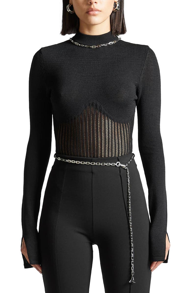 Manière De Voir Contour Knit Bodysuit with Chain, Main, color, Black