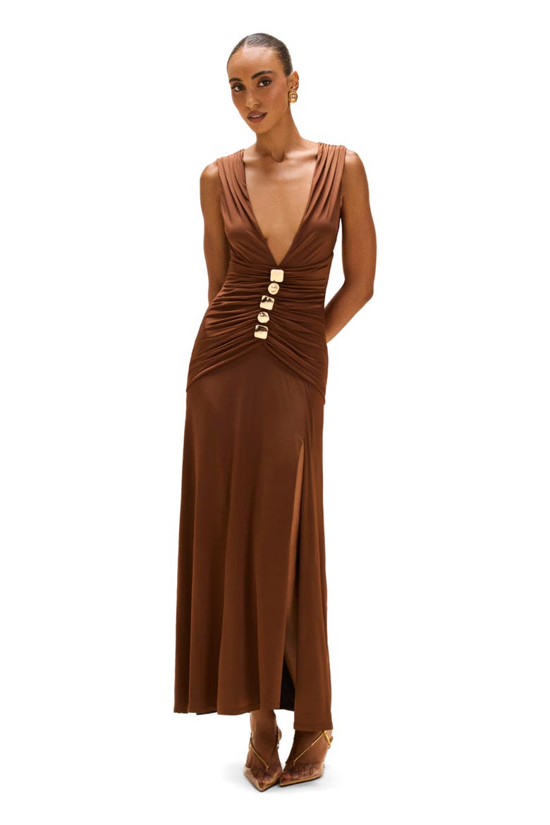 Moonlit Jersey Plunge Gown, Alternate, color, BROWN