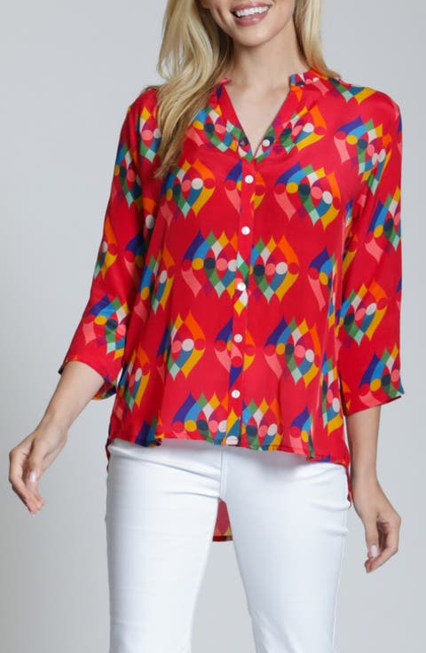 Mixed Stripe Mandarin Collar Button-Up Shirt