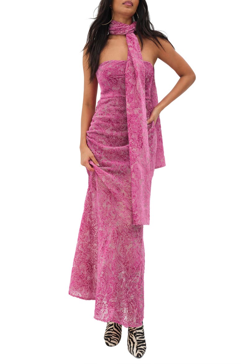Francesca Paisley Strapless Burnout Velveteen Dress with Scarf, Main, color, PURPLE
