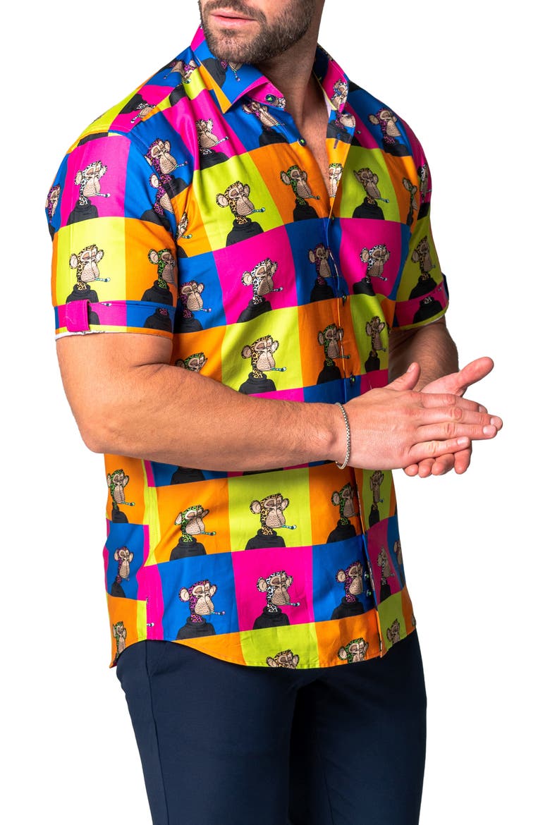 Galileo Ape Print Short Sleeve Cotton Button-Up Shirt, Alternate, color, YELLOW MULTI