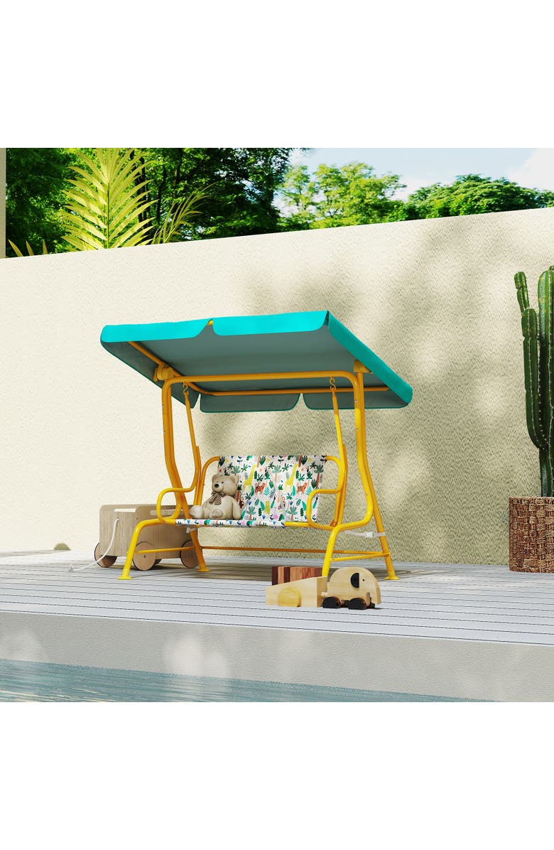 Qaba 2-Seater Kids Porch Swing with Safety Belts and Adjustable Canopy, Alternate, color, Green