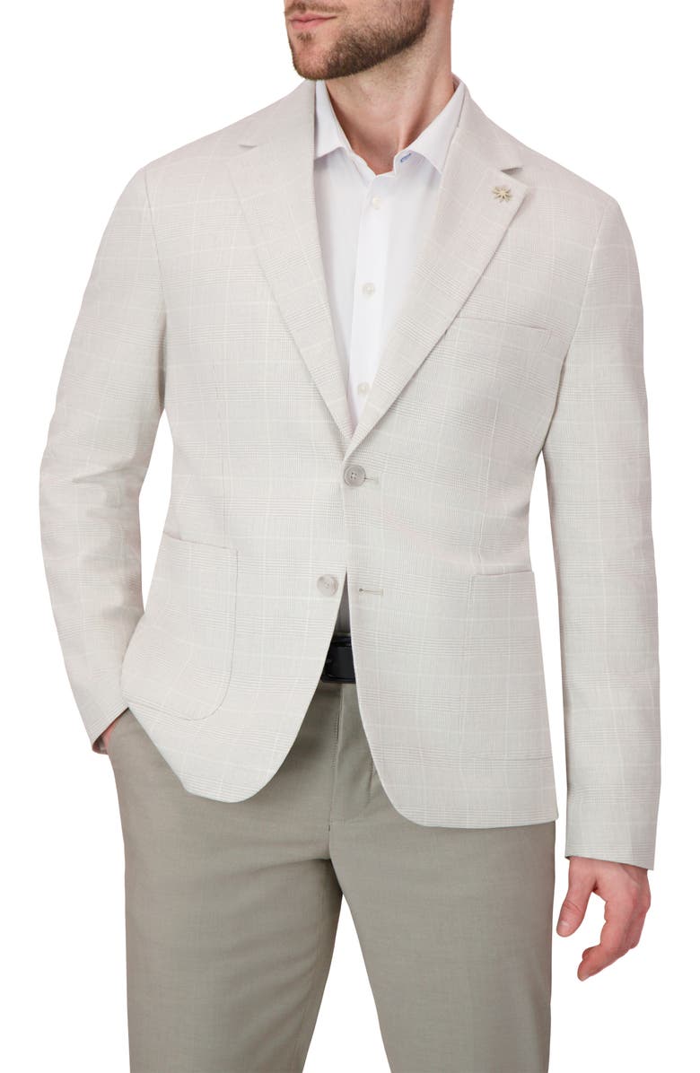 Report Collection Two Button Linen Blend Stretch Plaid Jacket, Alternate, color, Stone