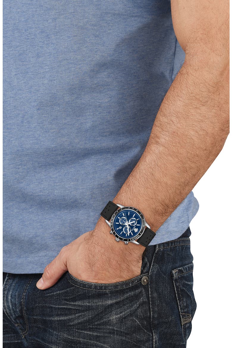 Sport Chronograph Silicone Strap Watch, 44mm, Alternate, color, BLACK/ BLUE/ SILVER