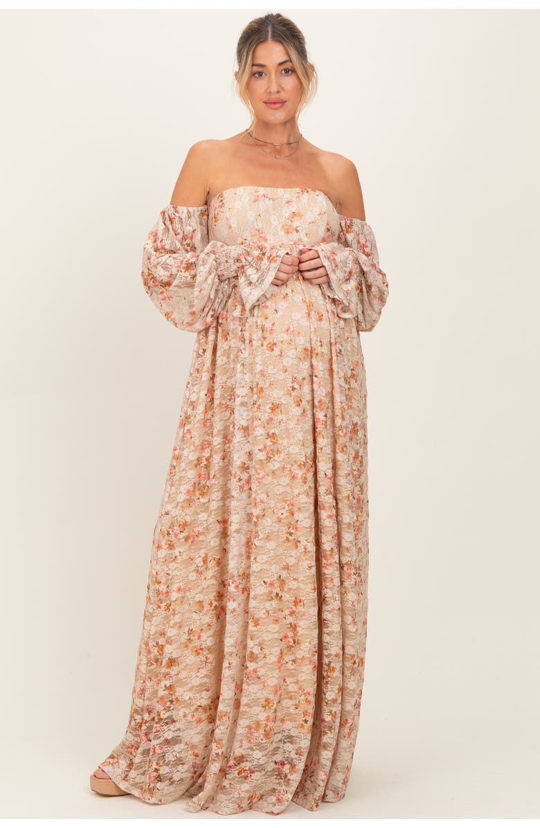 PinkBlush Color Floral Lace Smocked Long Sleeve Off Shoulder Maxi Dress, Main, color, Multi