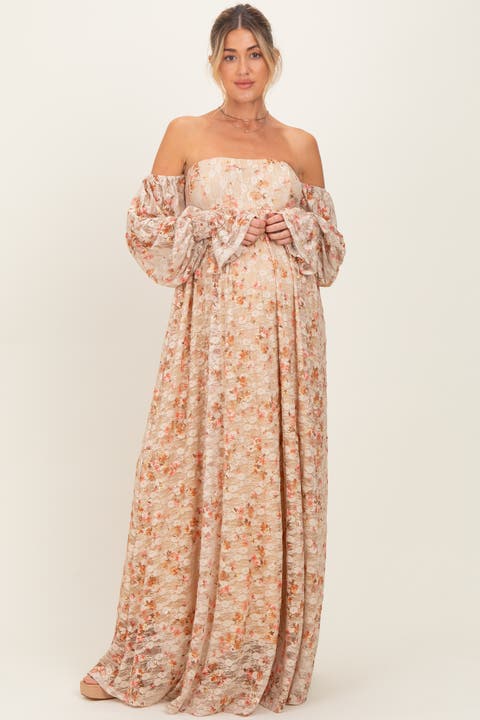 Color Floral Lace Smocked Long Sleeve Off Shoulder Maxi Dress