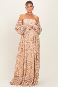 PinkBlush Color Floral Lace Smocked Long Sleeve Off Shoulder Maxi Dress