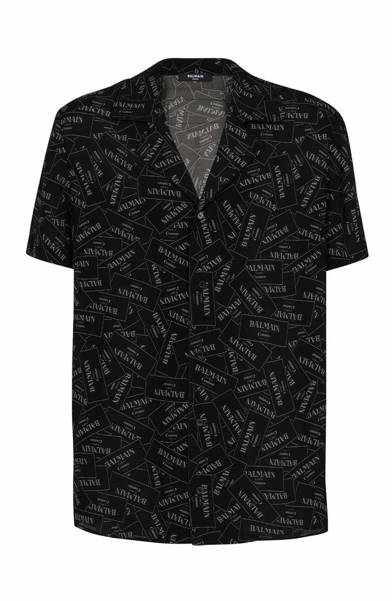 Balmain Pyjama Shirt With All-Over Balmain Label Print, Main, color, Black