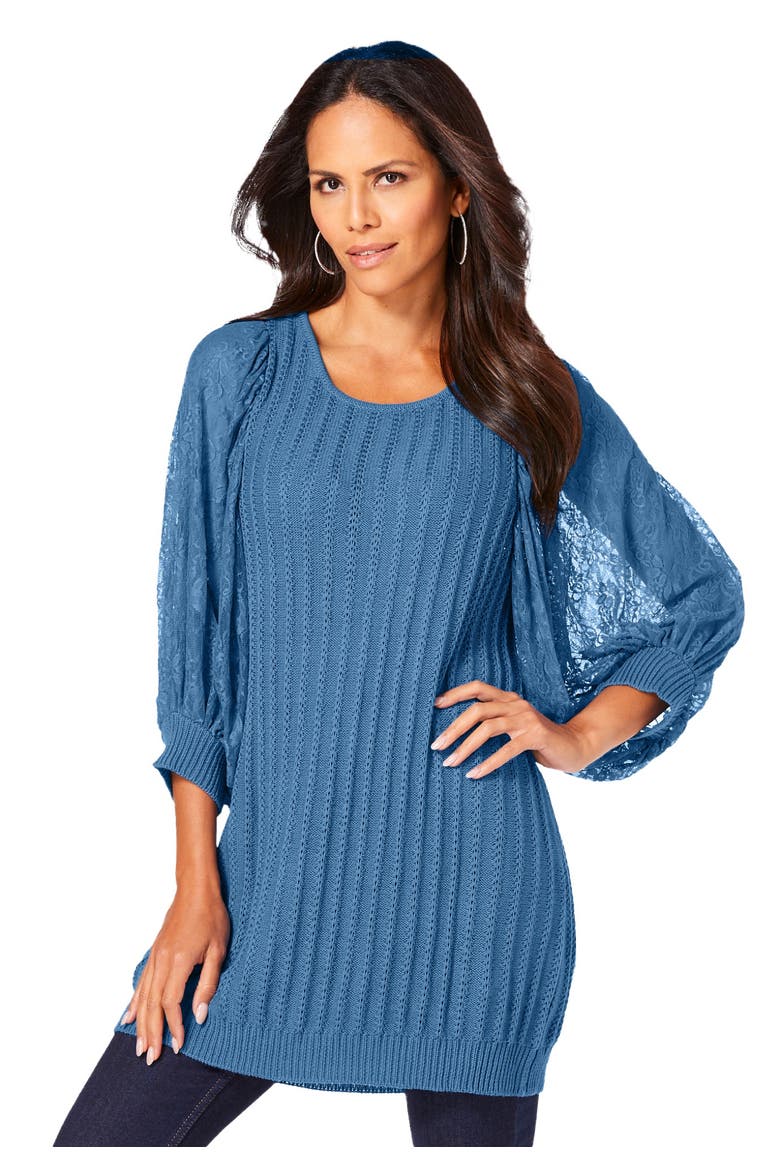 Lace Sleeve Sweater (plus), Main, color, DUSTY INDIGO