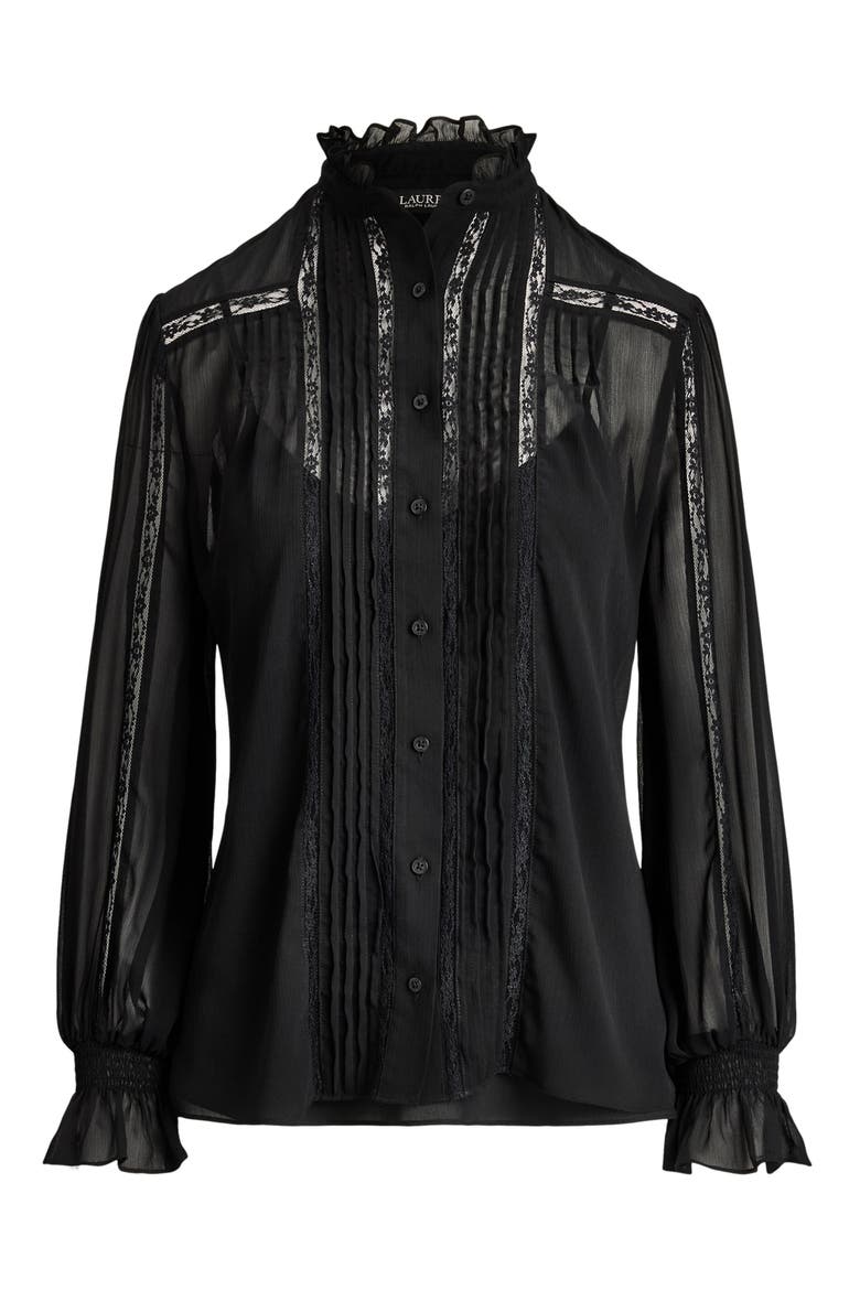 Lace Detail Georgette Button-Up Shirt, Alternate, color, BLACK