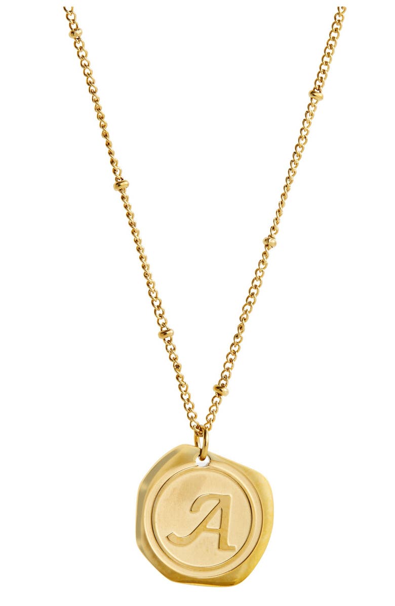 SAVVY CIE JEWELS 22K Yellow Gold Plated Stainless Steel Coin Initial Necklace, Main, color, Gold