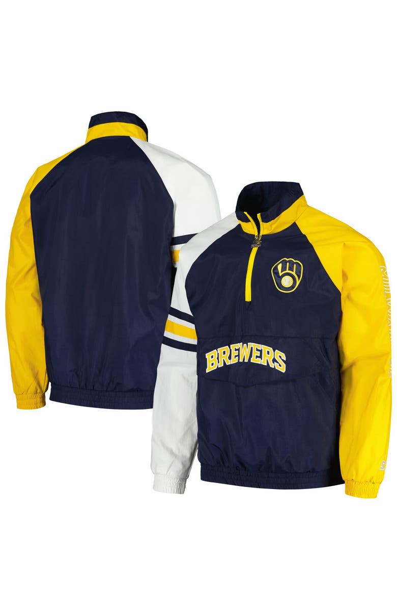 STARTER Men's Starter Navy/Gold Milwaukee Brewers Elite Raglan Half-Zip Jacket, Main, color, Navy